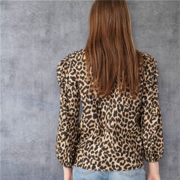 J. Crew Women Leopard Print Puff Ruffle Long Sleeve Top Blouse Sz Med Mob Wife - Picture 3 of 14